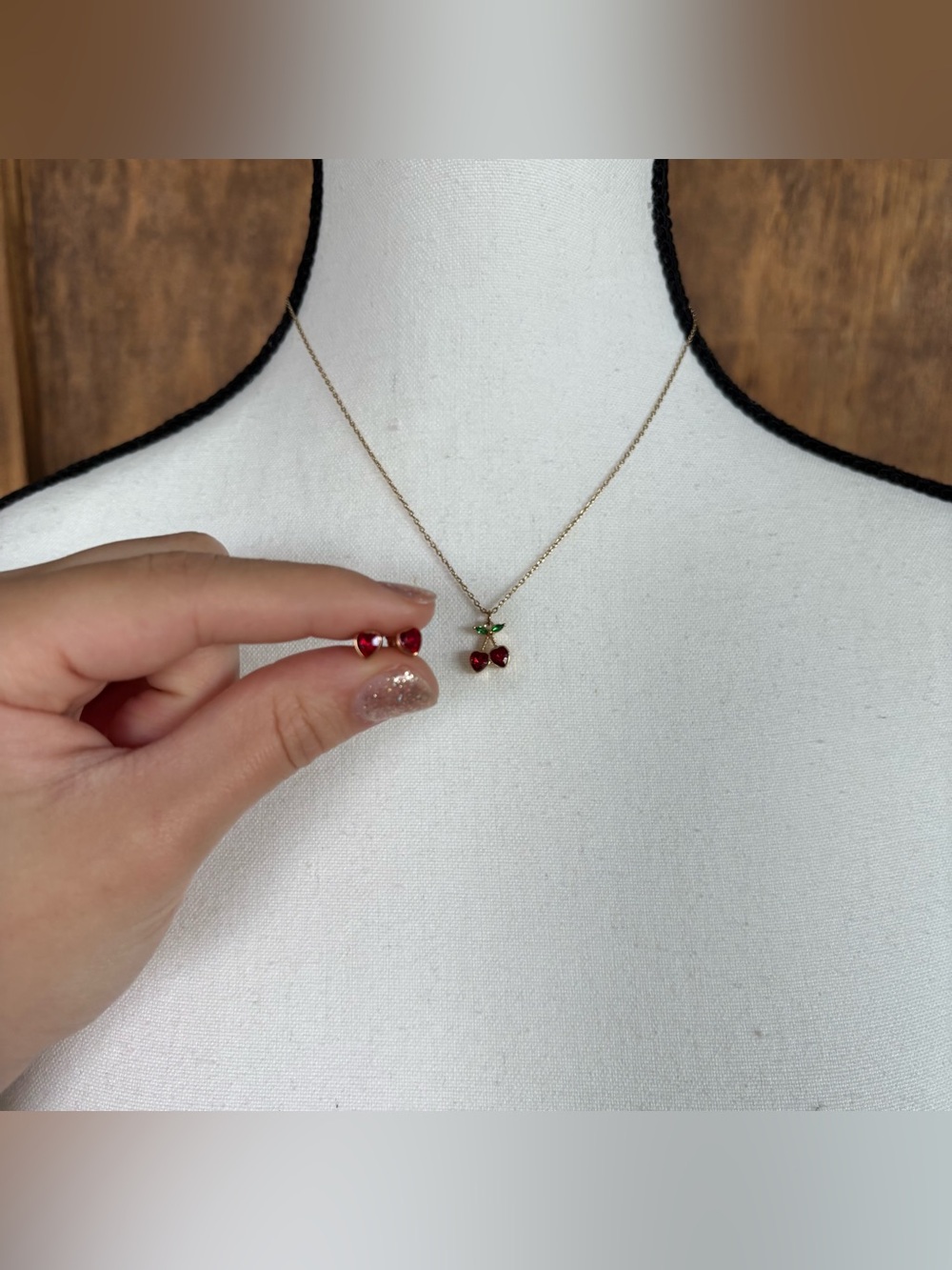 Gold Cherry Pendant Necklace with matching earrings